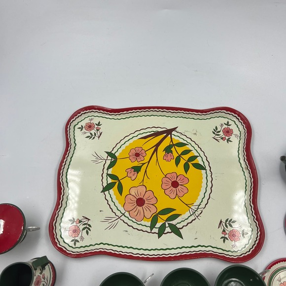 Antique 1930's Tin Ohio Art Co. Bryan Ohio Tea Set 14 Pieces Floral Pattern USA - Picture 6 of 11